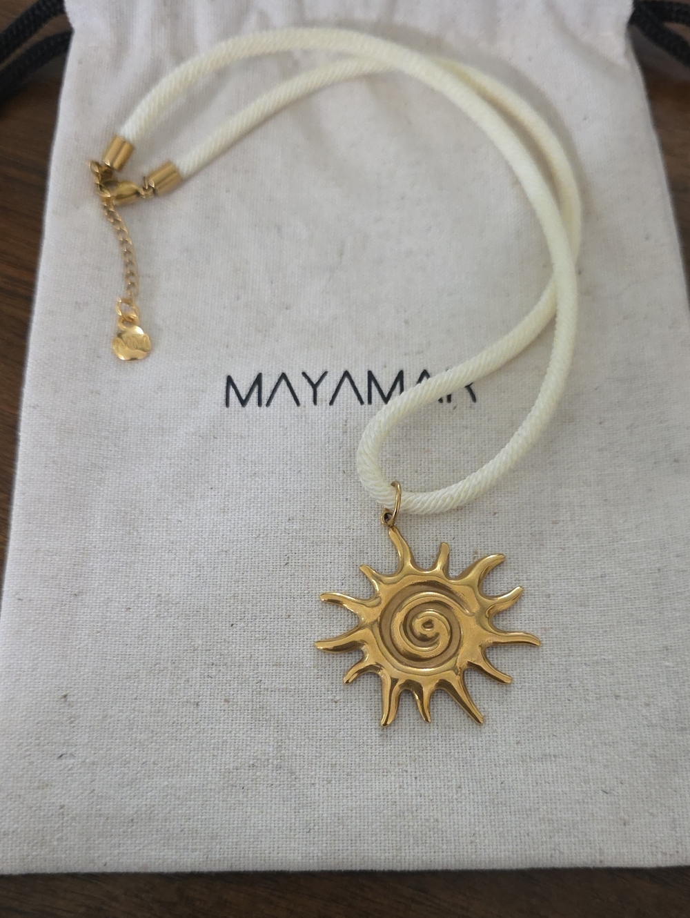 Mayamaya Gold Waterproof Sun Pendant Necklace with Cream Cord